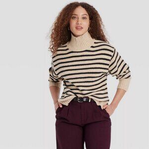 Women's Cozy Knit Mock Turtleneck Pullover Sweater - A New Day Camel/Black S